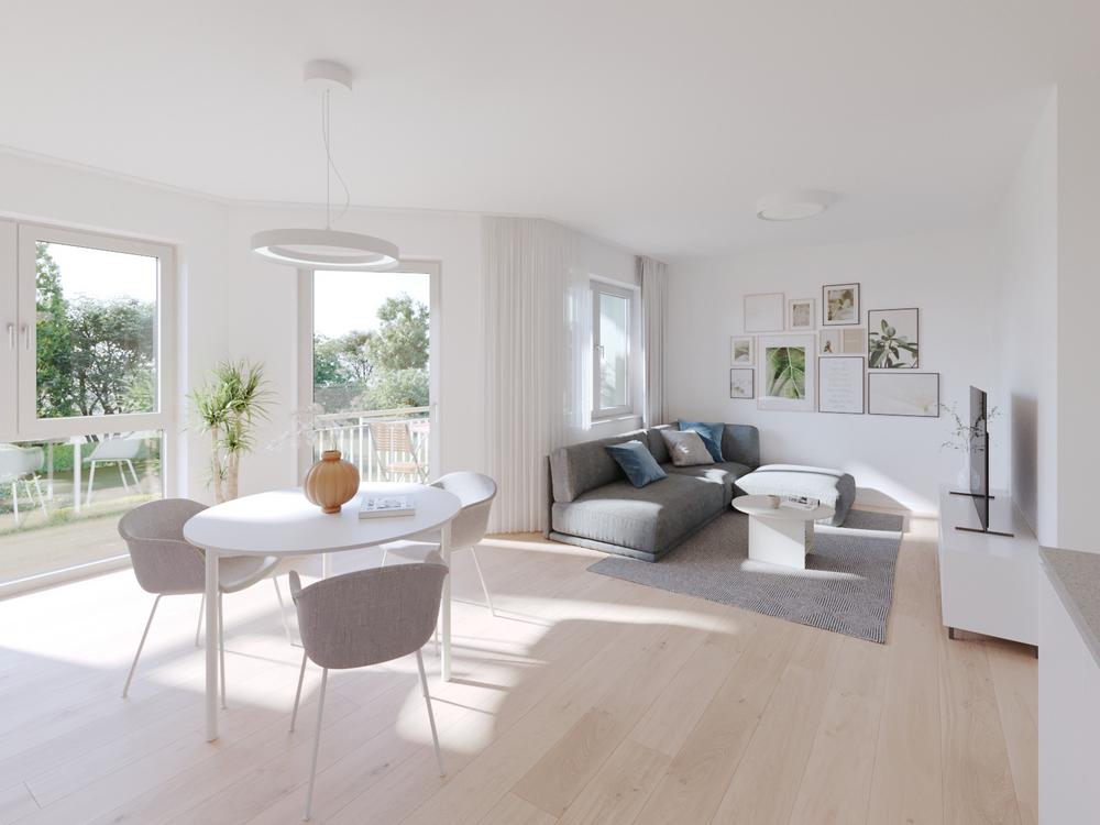 Bild Neubau Eigentumswohnungen Gaulskopfstraße Ober-Mörlen: Visualisierung eines hellen Wohnzimmers