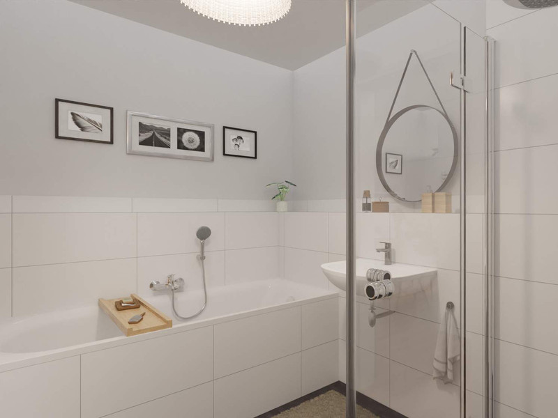 Modern gefliestes Badezimmer inklusive Badewanne