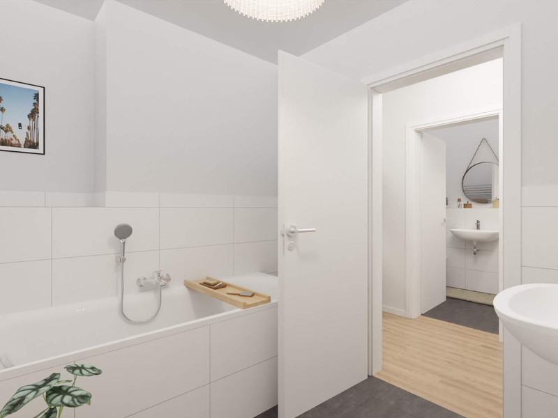 Modern gefliestes Badezimmer inklusive Badewanne
