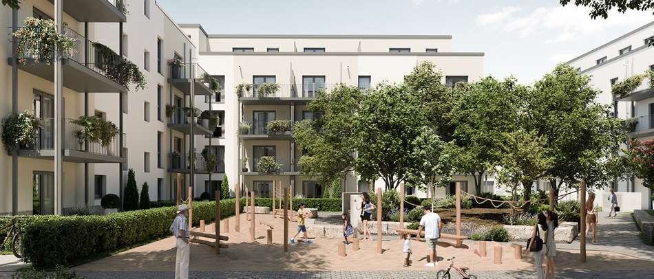 Quartierseigener Spielplatz mit Sitzbänken